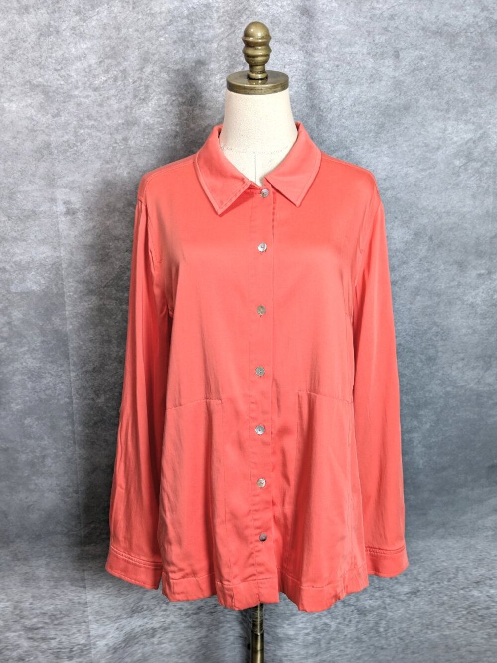 Soft Surroundings Coral Button Down Long Sleeve Tunic Shirt XL Tencel Blend